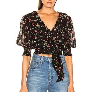 NWT GANNI Elm Floral Print Georgette Wrap Top, Black Size 38 (US 6)